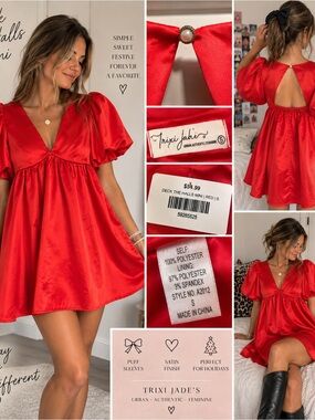 Boutique womens Red Satin Puff-Sleeve Dress
